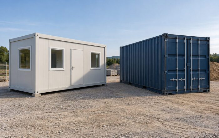 Caseta modular con ventanas junto a un contenedor marítimo de puertas cerradas en una explanada