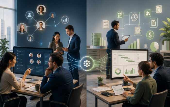 Equipo de consultoría conectando la gestión de clientes con proyectos y recursos