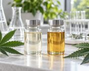 Dos frascos sin etiqueta junto a hojas de cannabis en un laboratorio