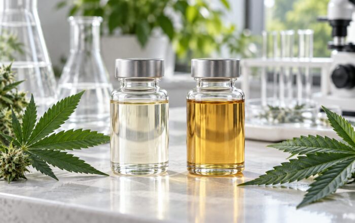 Dos frascos sin etiqueta junto a hojas de cannabis en un laboratorio