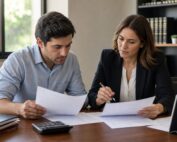 Trabajador y abogada laboral revisando documentos de liquidación