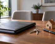 Carpeta cerrada, llaves, bolígrafo y pequeña casa de madera sobre una mesa de despacho