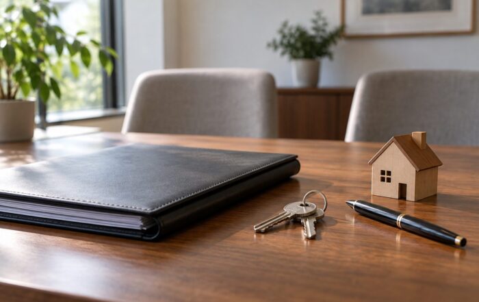 Carpeta cerrada, llaves, bolígrafo y pequeña casa de madera sobre una mesa de despacho