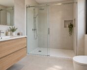 Ducha rectangular con mampara de vidrio y herrajes metálicos en un baño de tonos claros