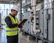 Técnico inspecciona un equipo de climatización con una tableta