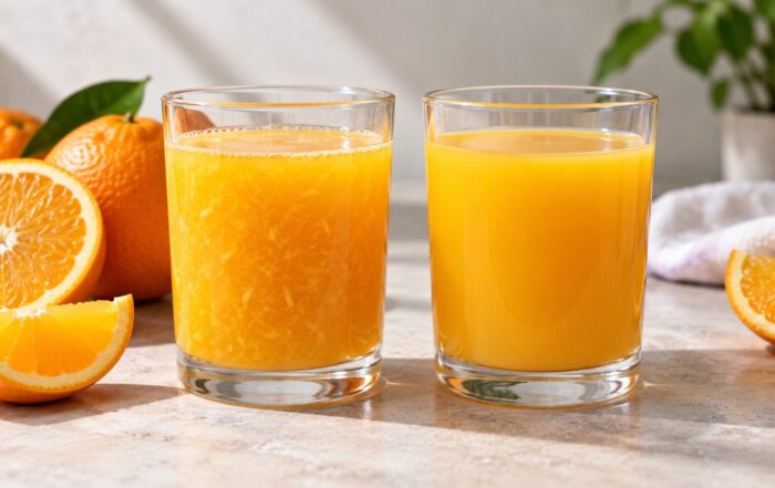 Dos vasos de zumo de naranja, uno con pulpa visible y otro de textura uniforme, junto a naranjas